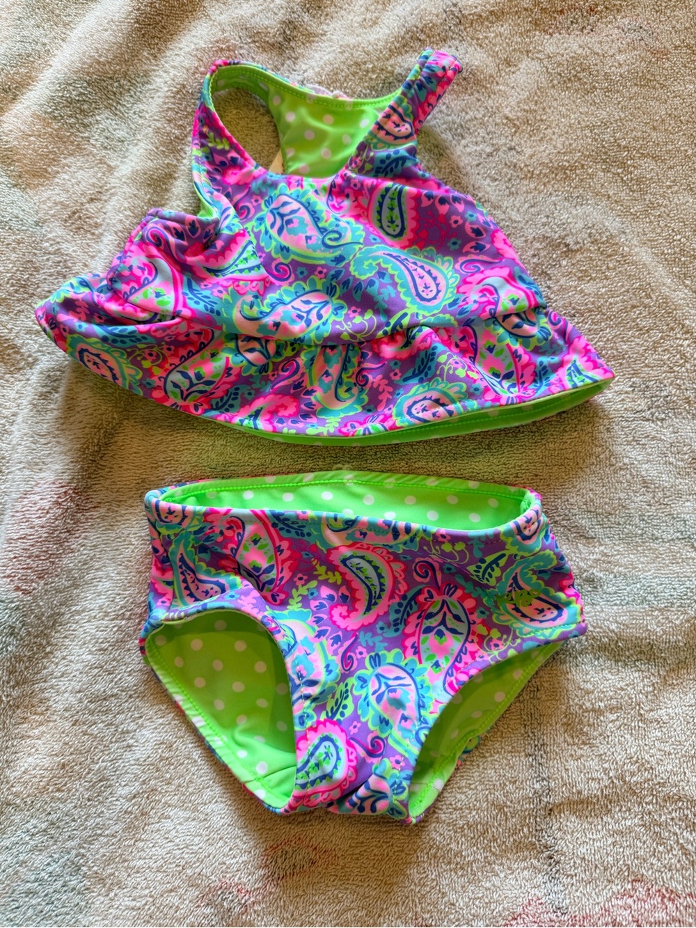Ruffle Butts Pink & Green Paisley Girls' Two-Piece Swim Set